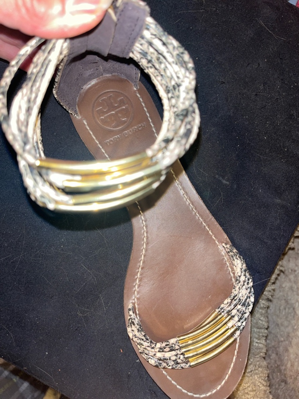 TORY BURCH MIGNON BRAIDED BROWN SNAKESKIN ANKLE STRAP SANDALS WITH GOLD ACCENTS - Picture 2 of 7